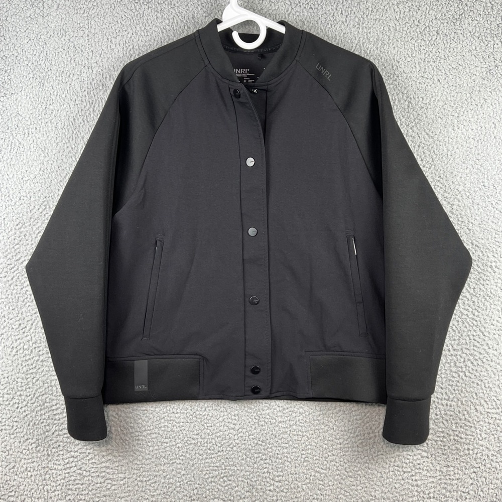 UNRL Apex Bomber Jacket Womens Medium Black Snap Front Athletic Coat zip pockets